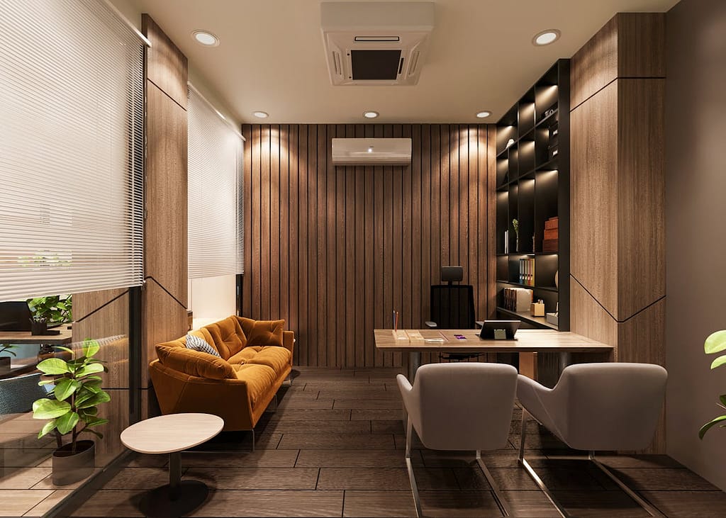 Stylish office interior featuring wooden paneling, modern furniture, and cozy lighting.
